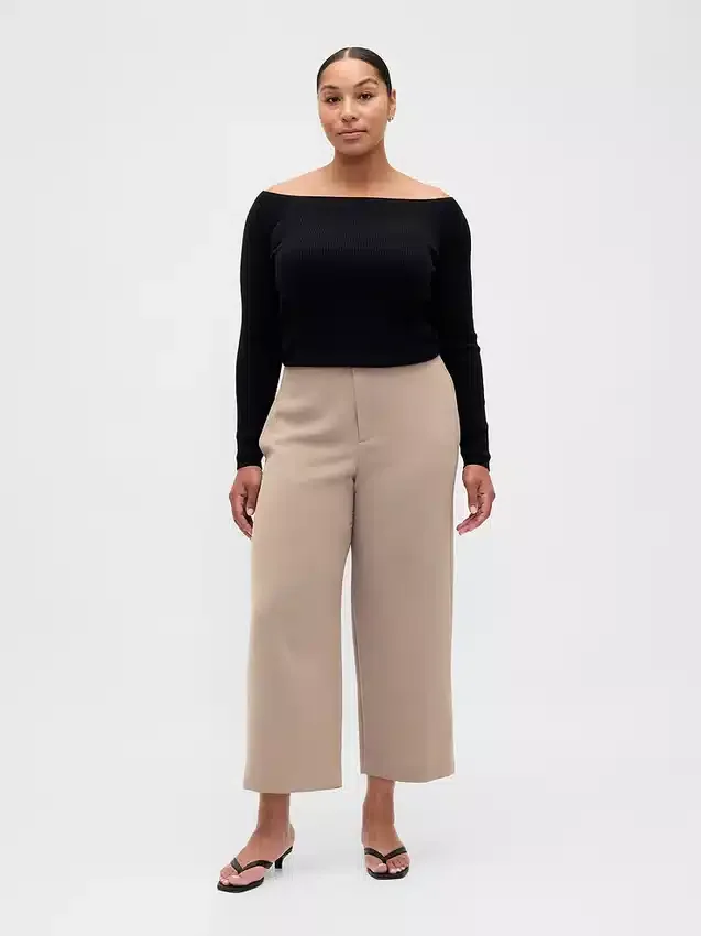Pantalones rectos de cintura alta de sarga hasta el tobillo