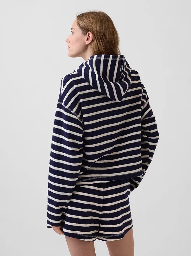 Sudadera con capucha, cremallera y rayas oversize de felpa de toalla