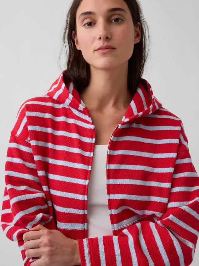 Sudadera con capucha, cremallera y rayas oversize de felpa de toalla