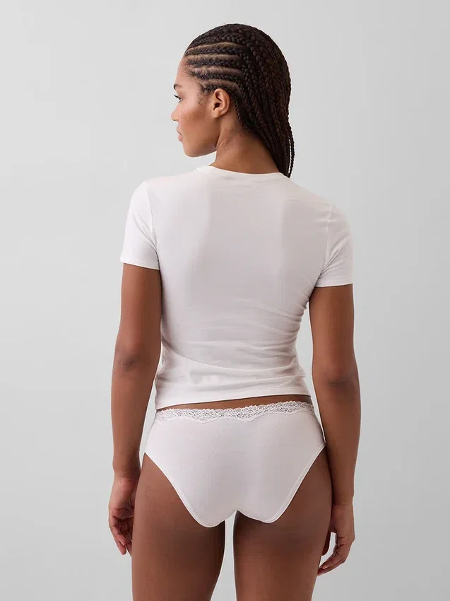 Tanga de algodón orgánico elástico con ribete de encaje