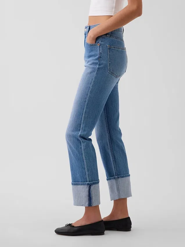 Vaqueros de talle alto, con dobladillo, estilo recto y ajustado de los 90