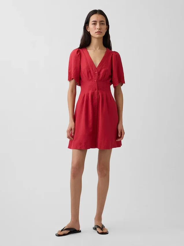 Vestidito tipo camisa mini ajustado en la cintura de mezcla de lino