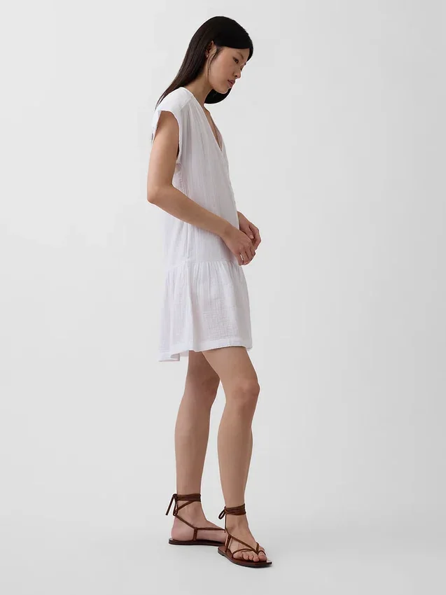 Vestido camisero de gasa de algodón con cintura baja
