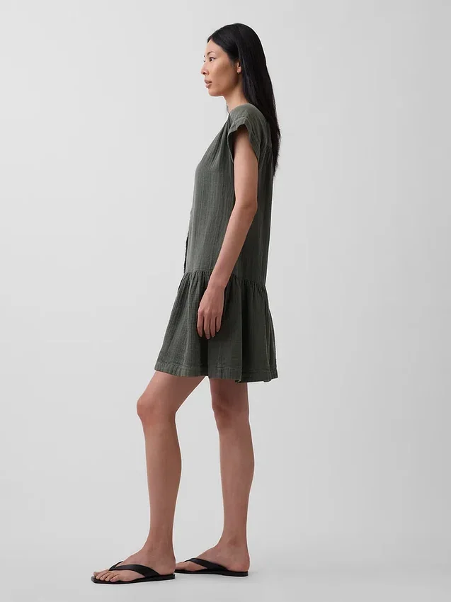Vestido camisero de gasa de algodón con cintura baja