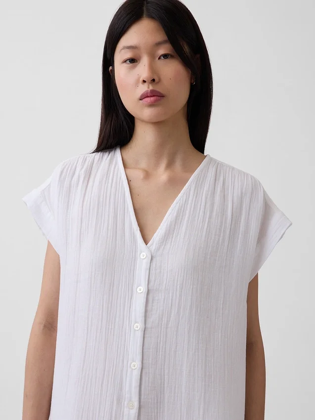 Vestido camisero de gasa de algodón con cintura baja