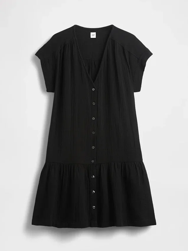 Vestido camisero de gasa de algodón con cintura baja