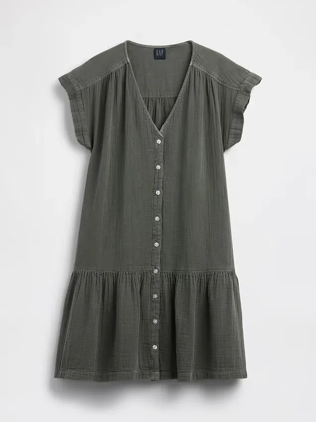 Vestido camisero de gasa de algodón con cintura baja