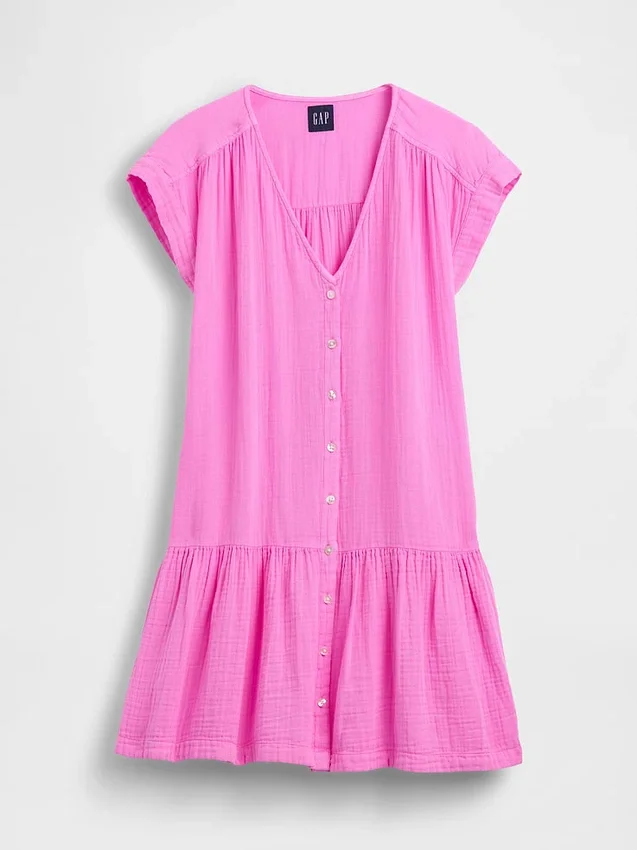 Vestido camisero de gasa de algodón con cintura baja