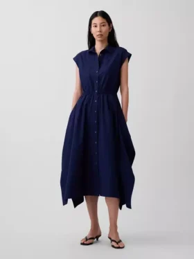 Vestido camisero de popelín con bajo en forma de pañuelo