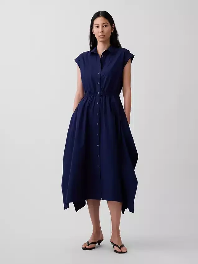 Vestido camisero de popelín con bajo en forma de pañuelo