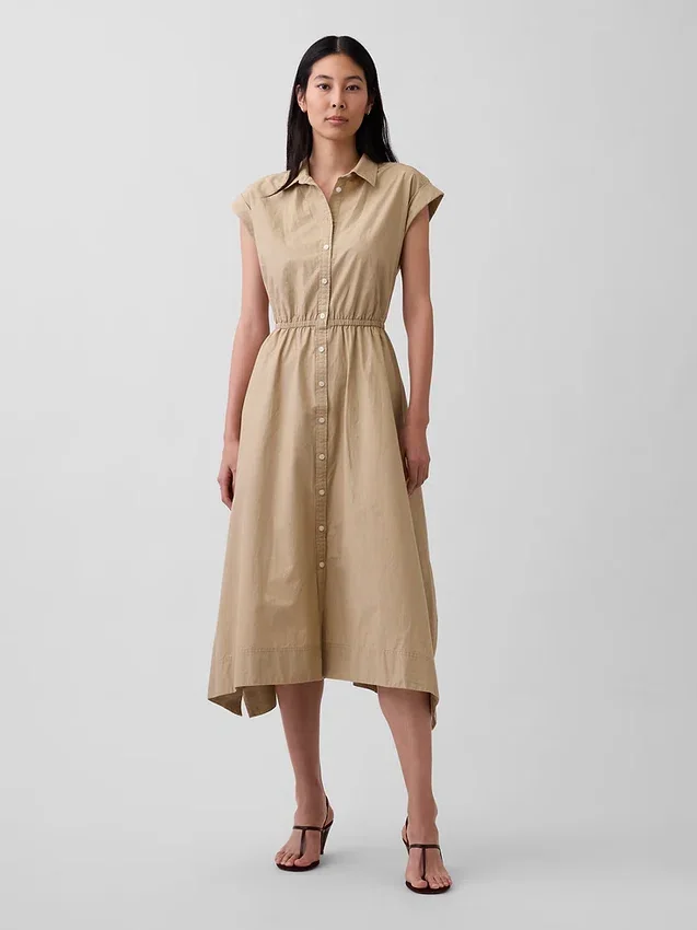 Vestido camisero de popelín con bajo en forma de pañuelo