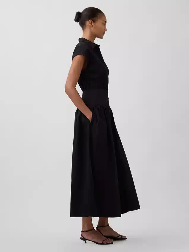 Vestido camisero largo de popelín con cintura baja