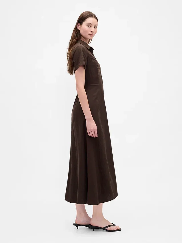 Vestido camisero midi de mezcla de lino