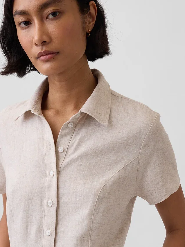 Vestido camisero midi de mezcla de lino