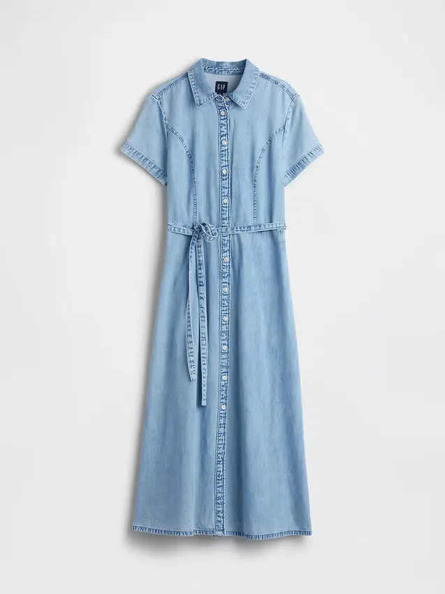 Vestido camisero midi de mezclilla con cinturón para atar