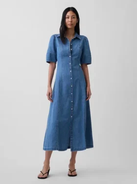 Vestido camisero midi de mezclilla con mangas abullonadas