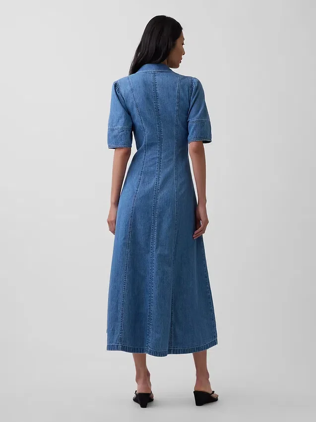 Vestido camisero midi de mezclilla con mangas abullonadas