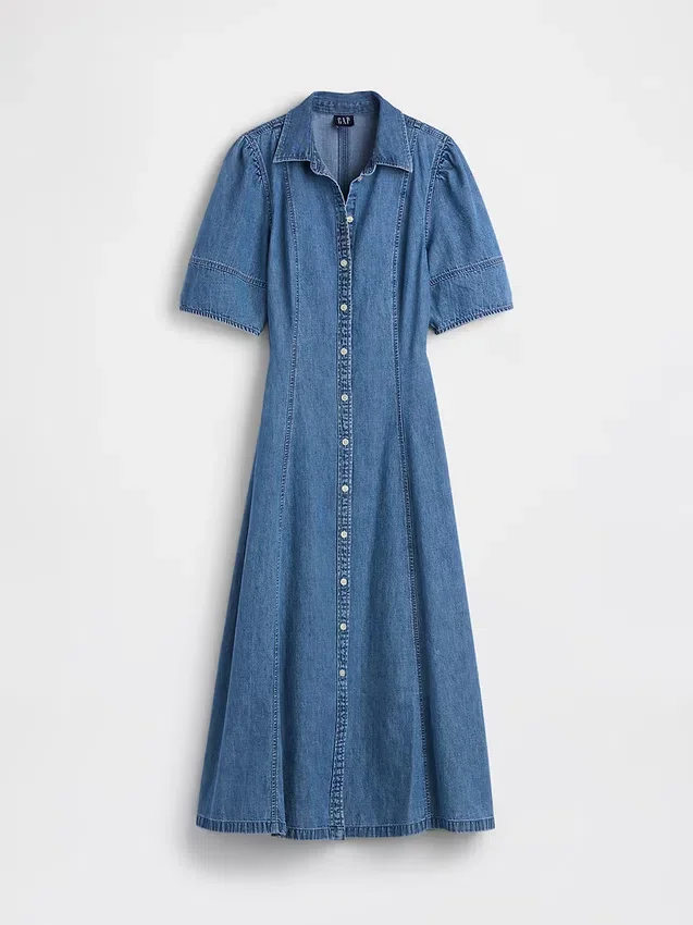 Vestido camisero midi de mezclilla con mangas abullonadas
