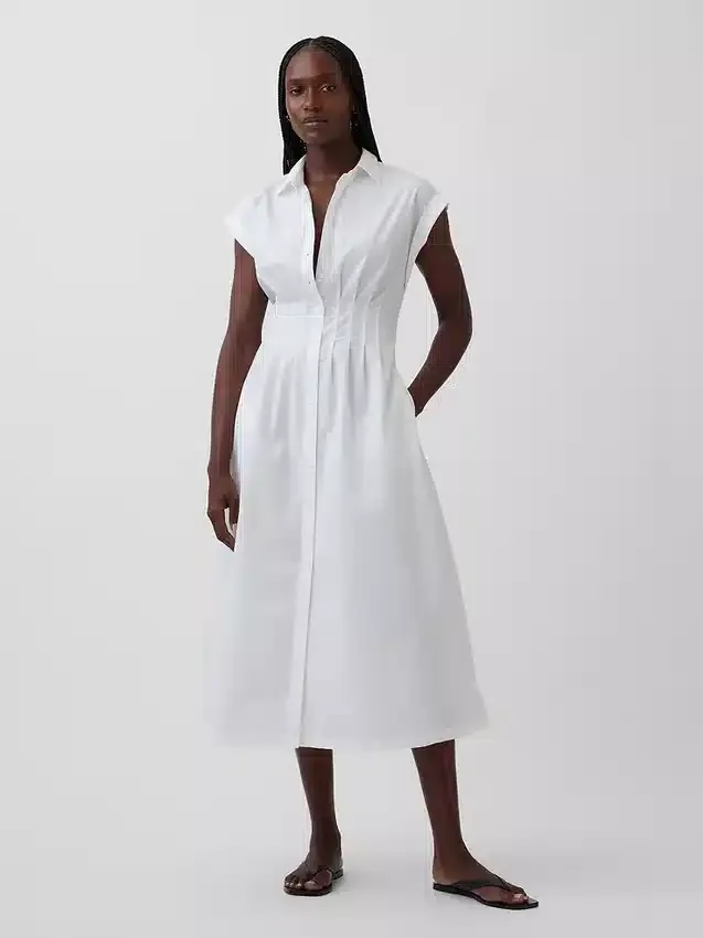 Vestido camisero midi de popelín con cintura ceñida