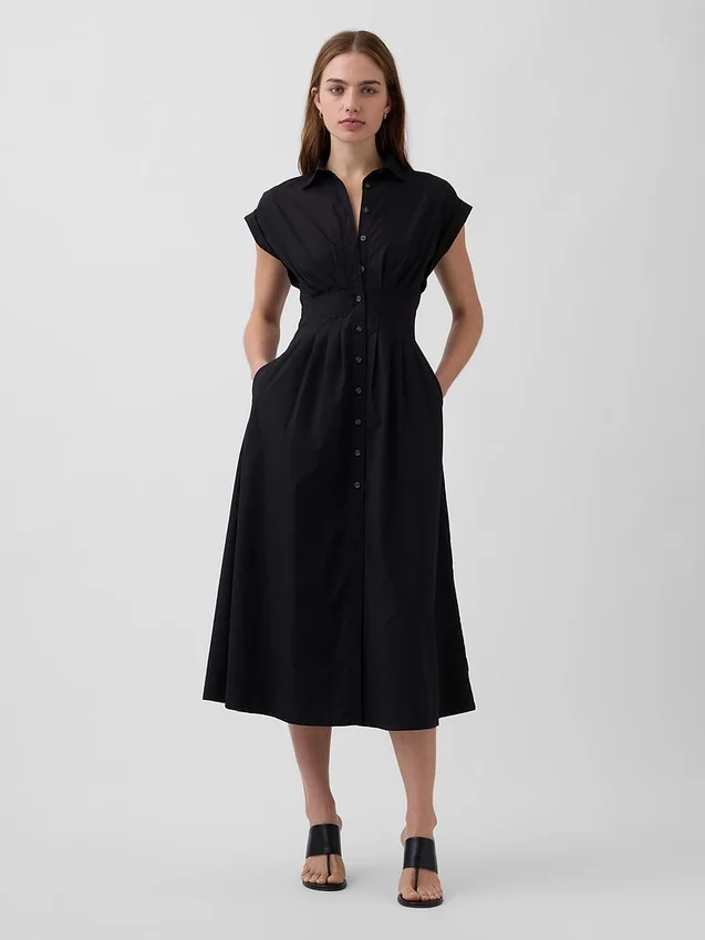 Vestido camisero midi de popelín con cintura ceñida