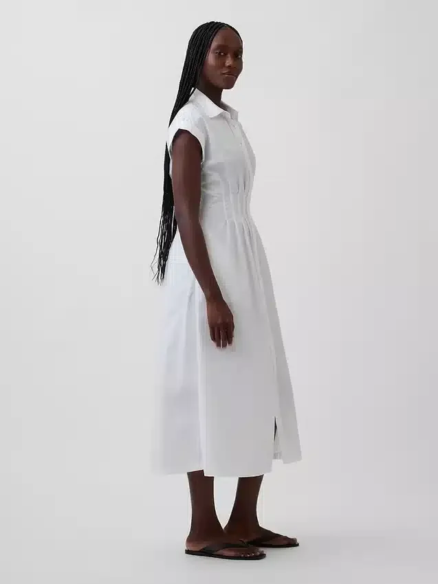 Vestido camisero midi de popelín con cintura ceñida