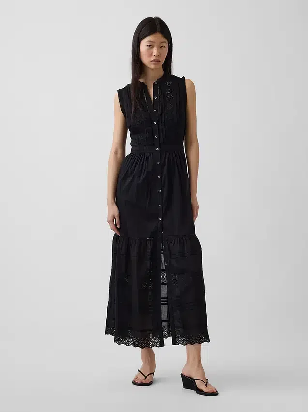 Vestido camisero midi en capas con ribete de encaje