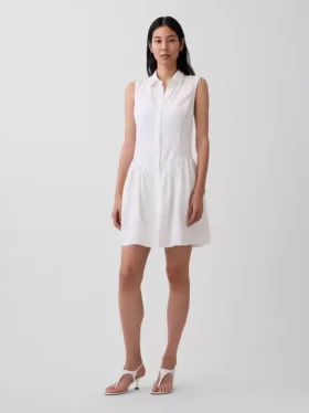Vestido camisero mini de cintura baja en mezcla de lino