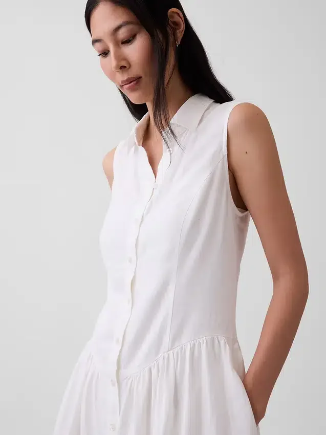Vestido camisero mini de cintura baja en mezcla de lino