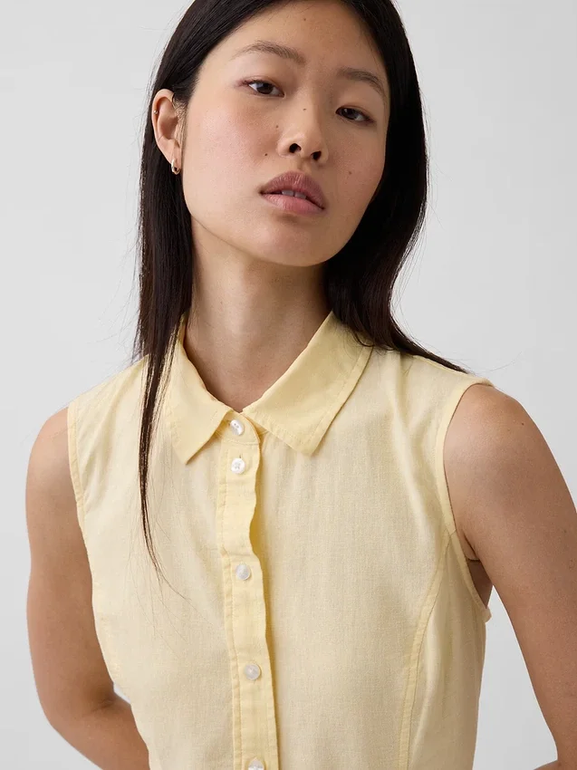 Vestido camisero mini de cintura baja en mezcla de lino