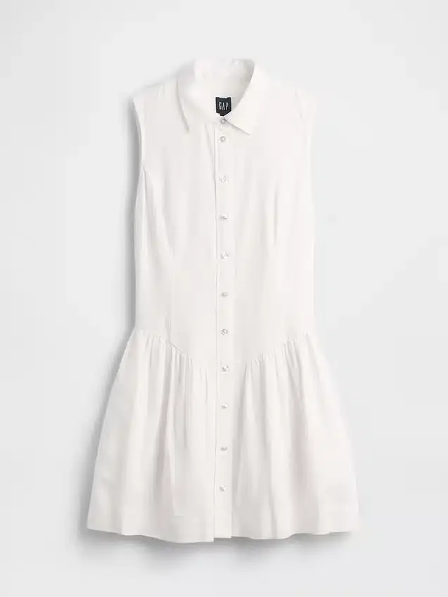 Vestido camisero mini de cintura baja en mezcla de lino
