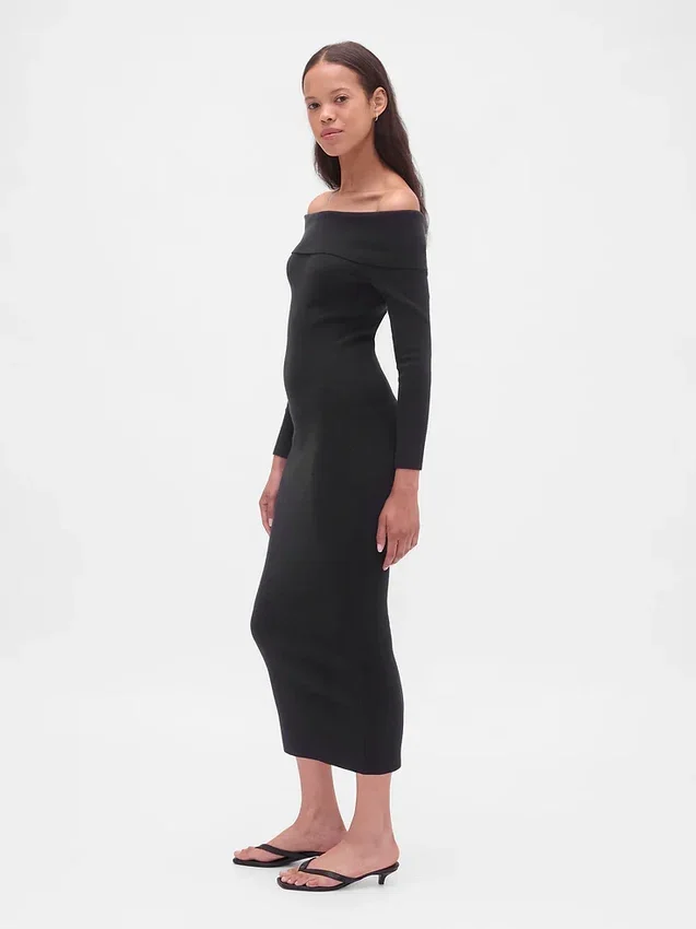 Vestido de jerséu midi elástico con hombros descubiertos de CashSoft