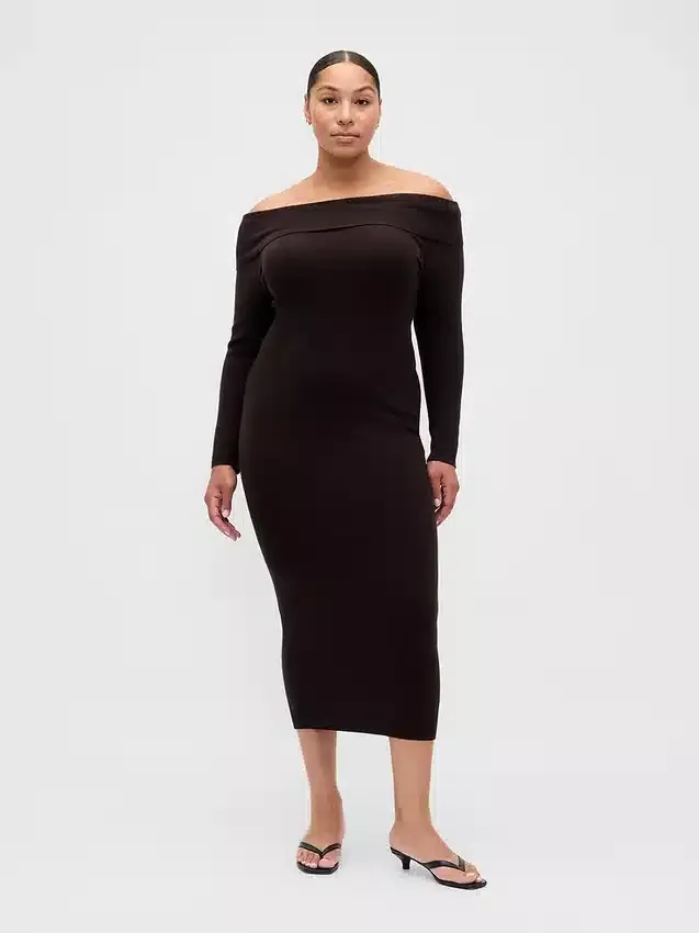 Vestido de jerséu midi elástico con hombros descubiertos de CashSoft