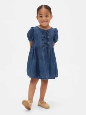 Vestido de mezclilla con mangas abullonadas y moño para Bebé y Niño