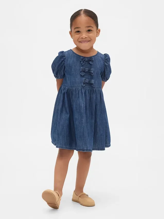 Vestido de mezclilla con mangas abullonadas y moño para Bebé y Niño
