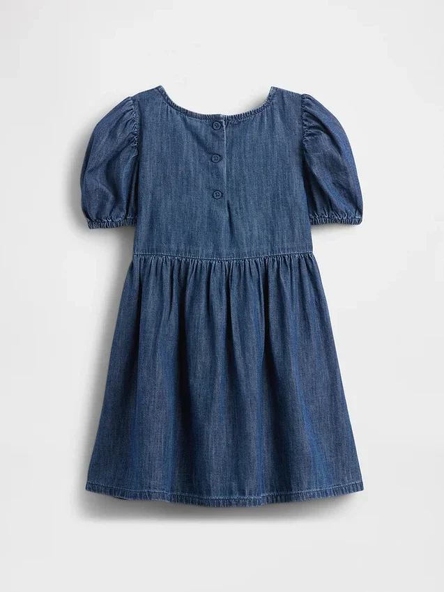 Vestido de mezclilla con mangas abullonadas y moño para Bebé y Niño