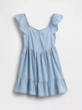 Vestido de mezclilla con mangas ondeantes y escote de corazón