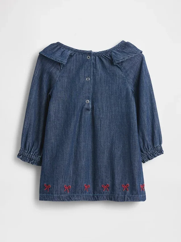 Vestido de mezclilla para bebé con cuello de volantes