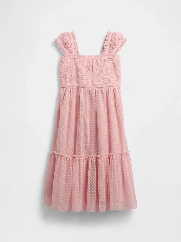Vestido infantil de malla con volantes y mangas casquillo