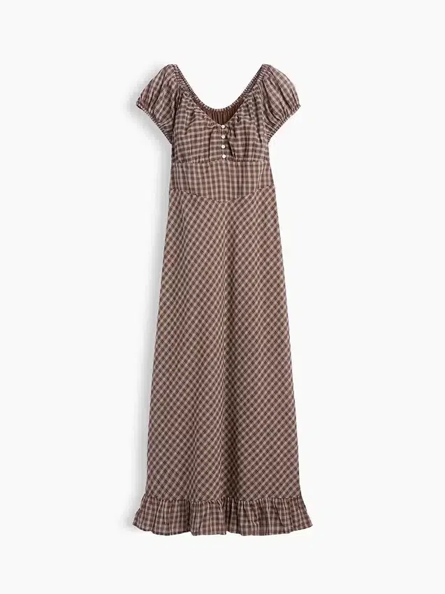 Vestido largo con cuello en V y dobladillo con volantes