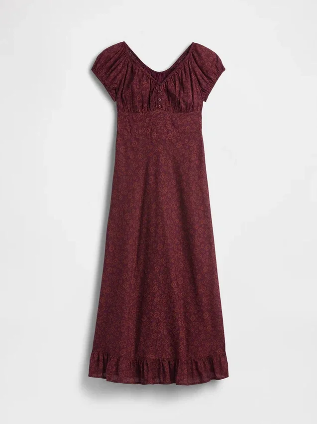 Vestido largo con cuello en V y dobladillo con volantes