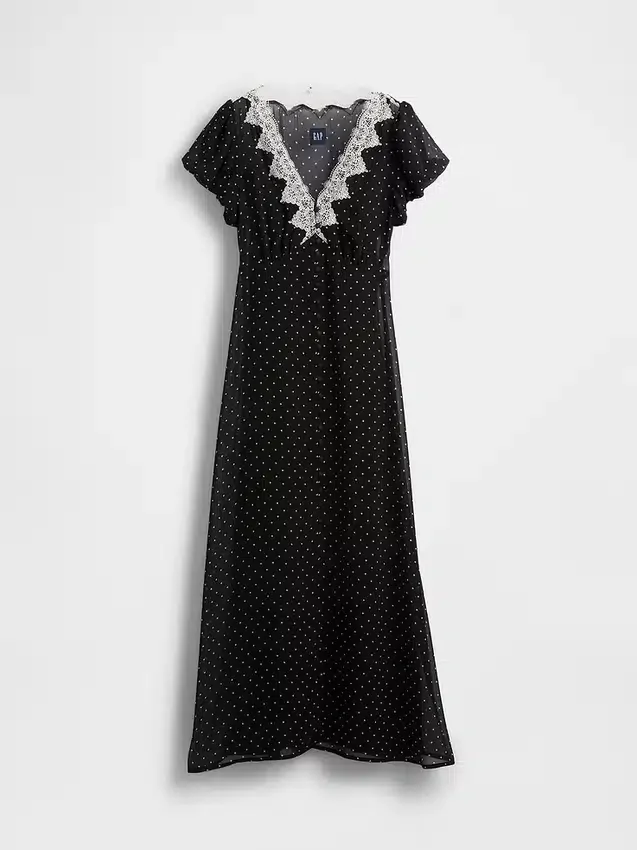 Vestido largo con cuello en V y ribete de encaje