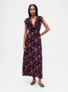 Vestido largo con cuello en V y volantes