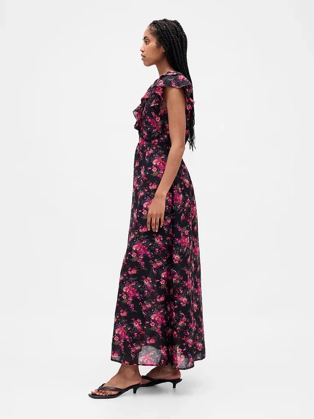 Vestido largo con cuello en V y volantes