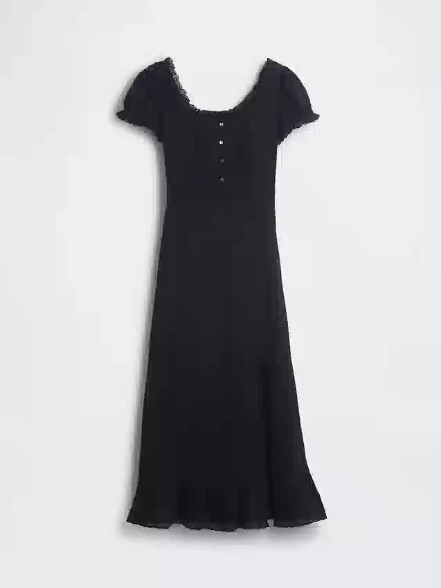 Vestido largo con mangas abullonadas bordadas