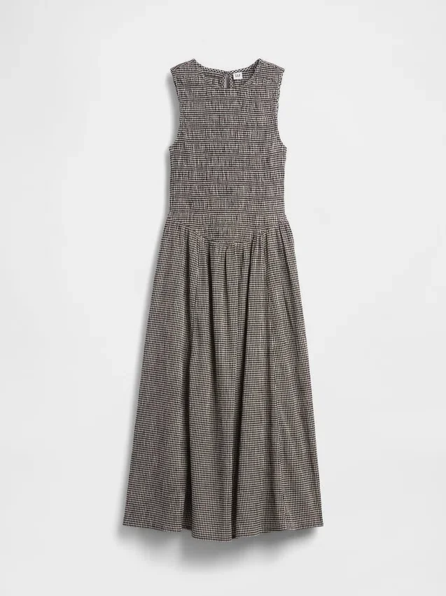 Vestido largo de cintura baja con fruncidos y estampado de cuadros vichy