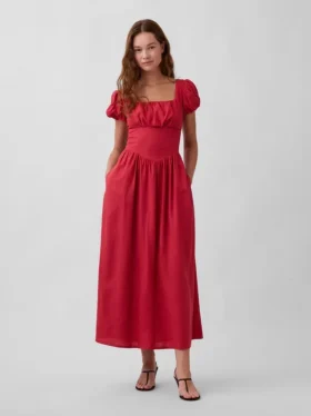 Vestido largo de cintura baja en mezcla de lino