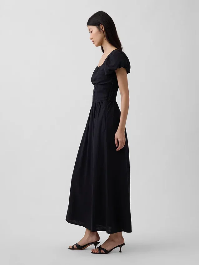 Vestido largo de cintura baja en mezcla de lino