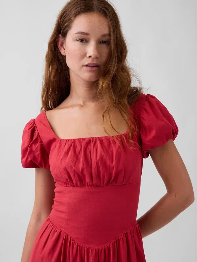 Vestido largo de cintura baja en mezcla de lino