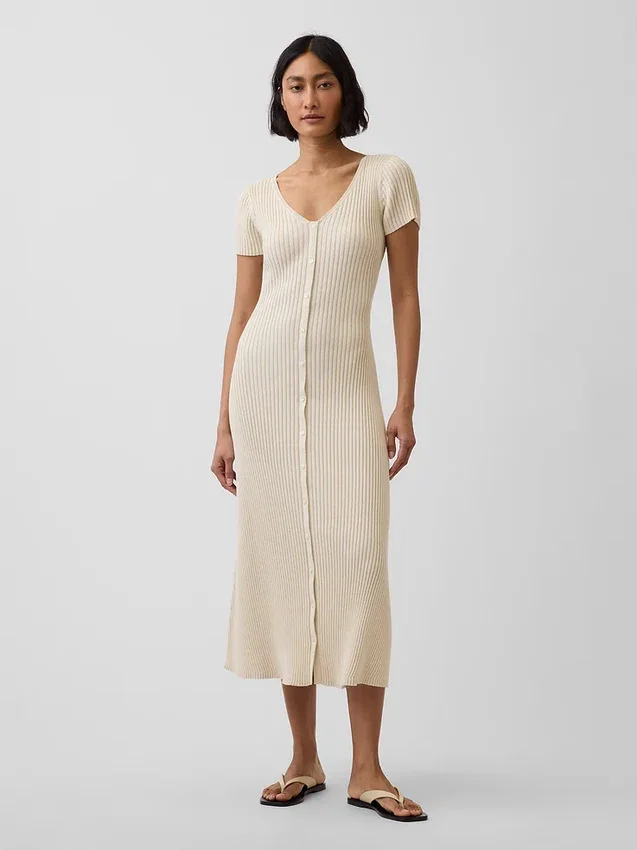 Vestido largo de jerséu acanalado con botones al frente