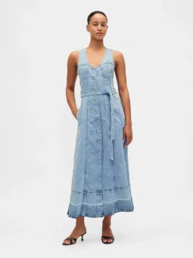Vestido largo de mezclilla con cinturón para atar y botones en el frente